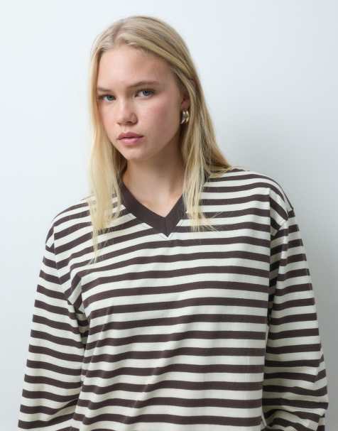 ASOS DESIGN long sleeve v neck brown and white striped long sleeve t-shirt in stripe print - view 1