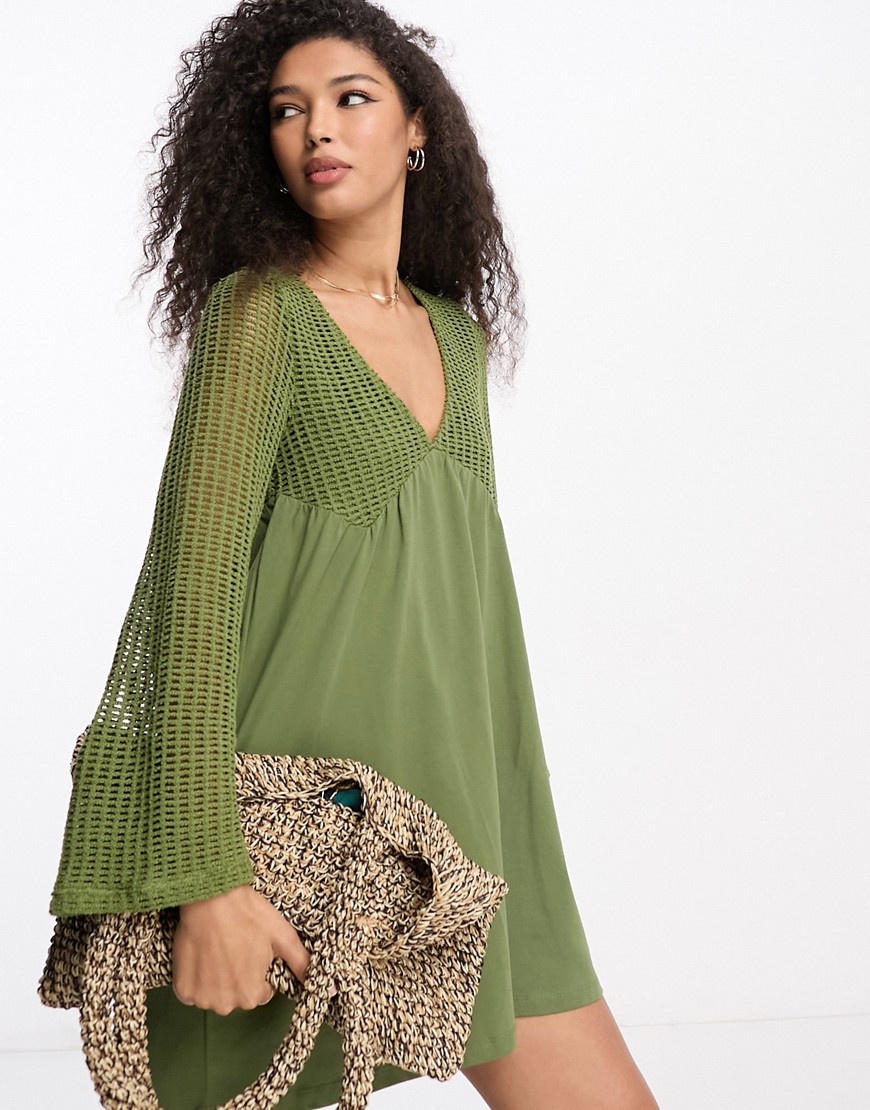 ASOS DESIGN long sleeve v neck crochet mini dress in khaki-Green