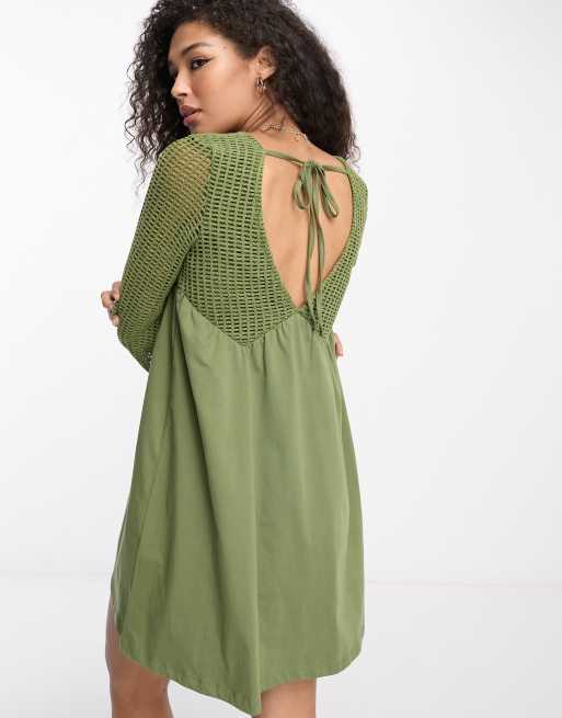 ASOS DESIGN long sleeve v neck crochet mini dress in khaki | ASOS