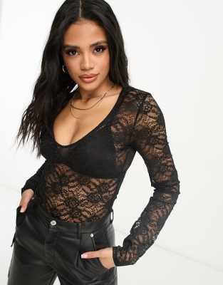 ASOS DESIGN Petite v neck lace trim long sleeve bodysuit in black