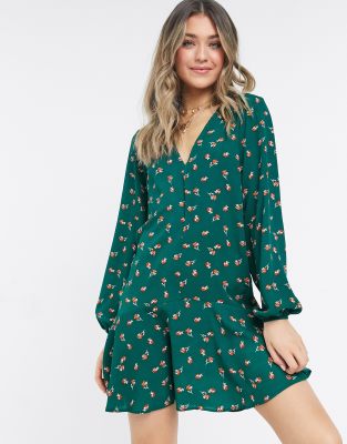 ASOS DESIGN long sleeve v neck mini dress with curved hem in green floral |  ASOS