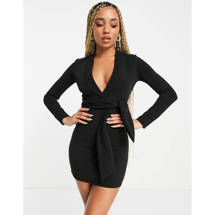 Black long sleeve shop v neck bodycon dress