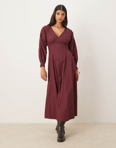 ASOS DESIGN long sleeve v neck poplin maxi dress in burgundy - view 1