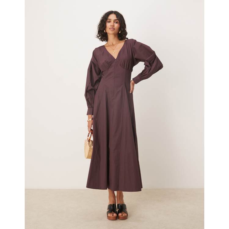 ASOS DESIGN long sleeve v neck poplin maxi dress in