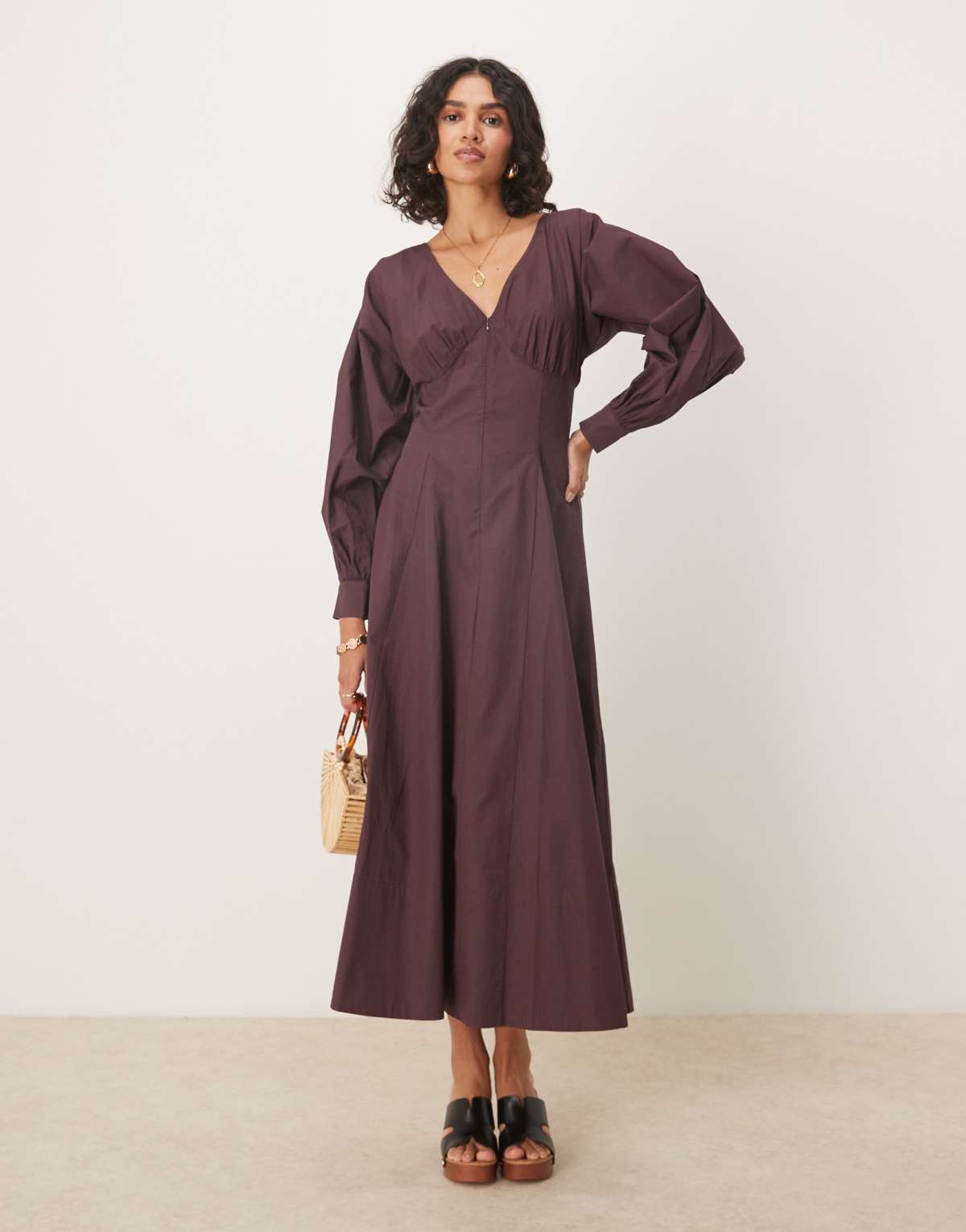 ASOS DESIGN long sleeve v neck poplin maxi dress in chocolate