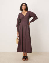 ASOS DESIGN mesh double ruffle midi tea dress in chocolate