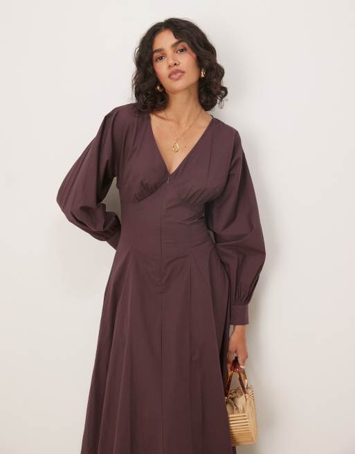 ASOS DESIGN long sleeve v neck poplin maxi dress in chocolate