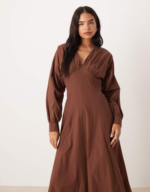 ASOS DESIGN long sleeve v neck poplin maxi dress in chocolate, 2 of 4