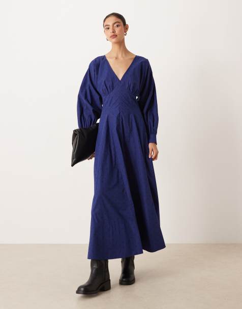ASOS DESIGN long sleeve v neck poplin maxi dress in polka dot print - view 1