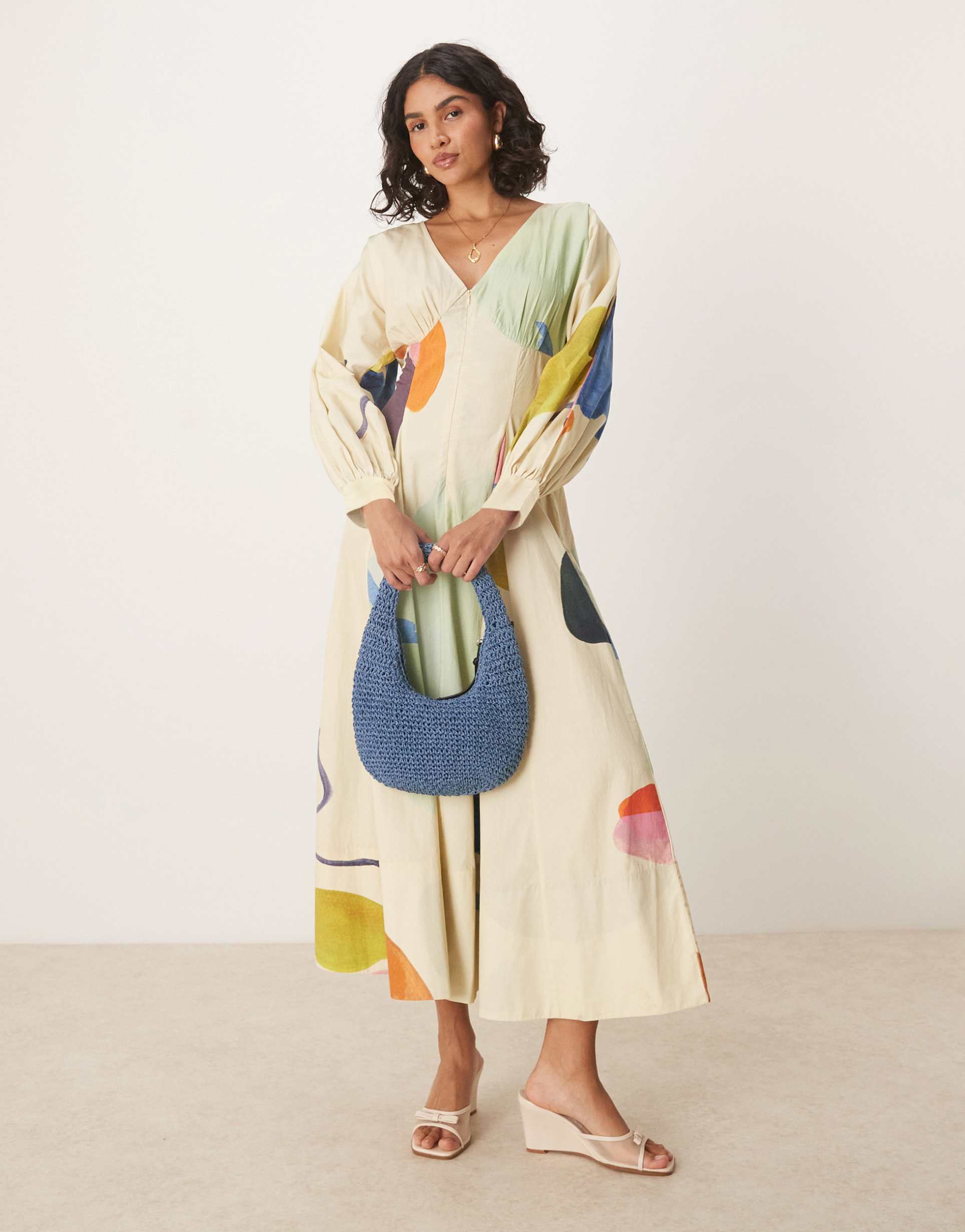 asos design long sleeve v neck poplin maxi dress in print