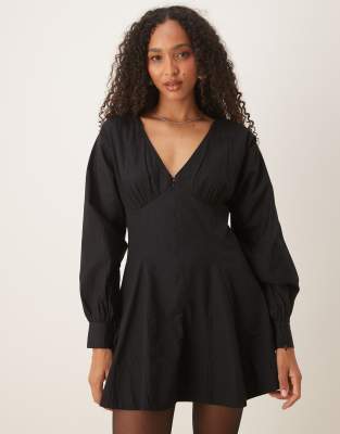 ASOS DESIGN long sleeve V-neck poplin mini dress in black