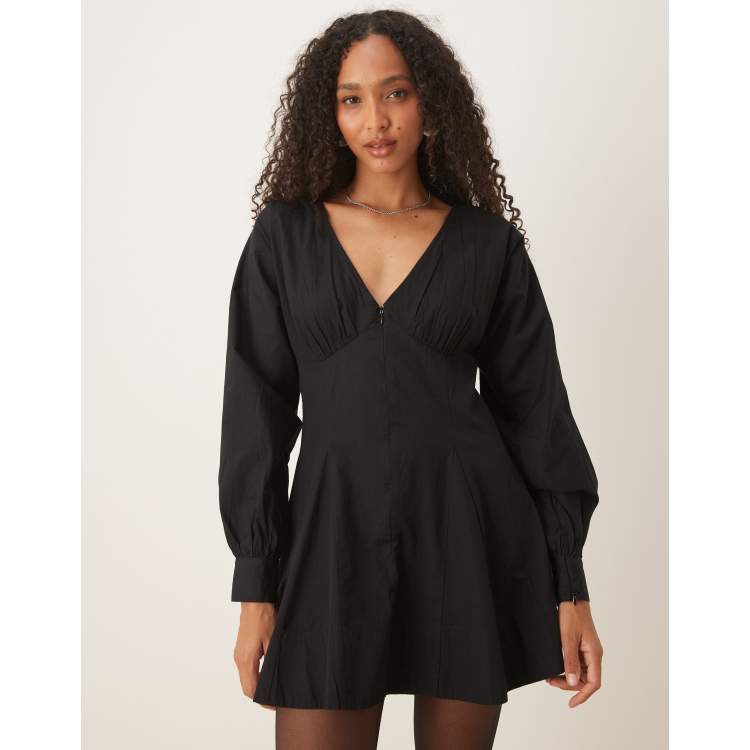 ASOS DESIGN long sleeve V-neck poplin mini dress in black | ASOS