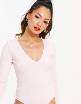 ASOS DESIGN long sleeve v neck rib bodysuit in pink