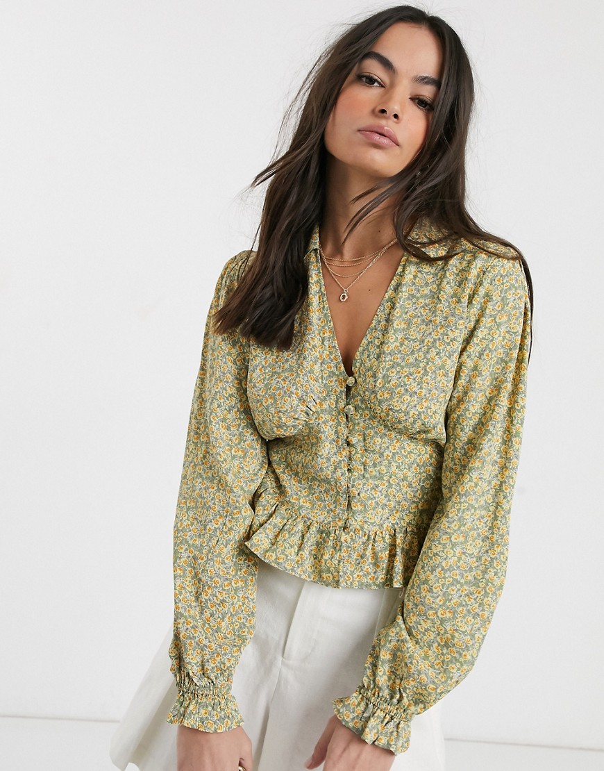 ASOS DESIGN long sleeve v neck tea blouse with button detail in floral print-Multi