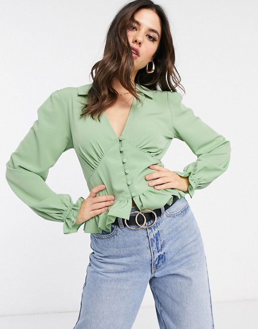ASOS DESIGN long sleeve v neck tea blouse with button detail in sage