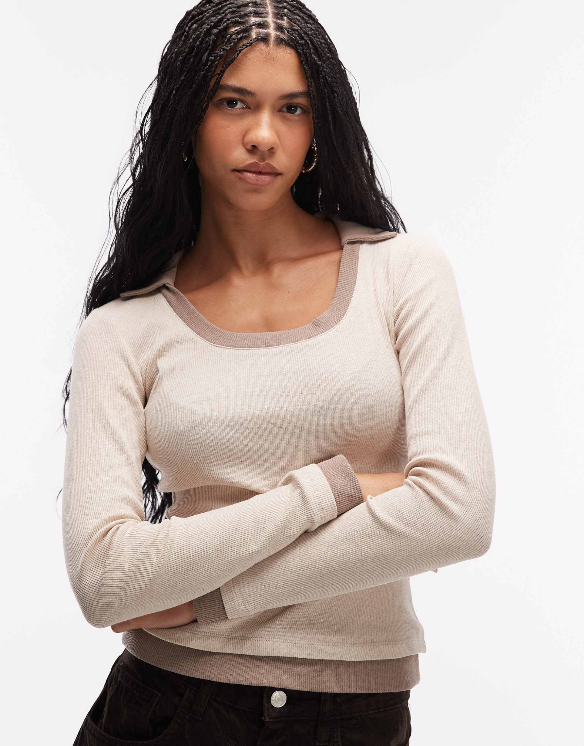 asos design long sleeve v-neck top with collar in beige