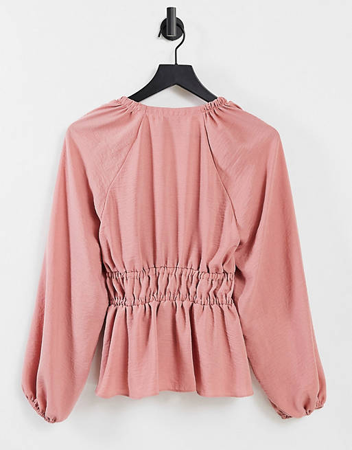 Tops long sleeve v neck top with kimono sleeve and tie front in antique rose 