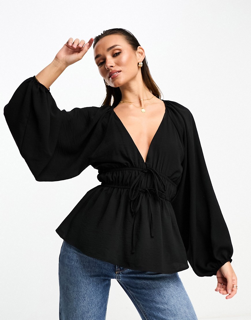 ASOS DESIGN long sleeve v neck top with kimono sleeve and tie front in black