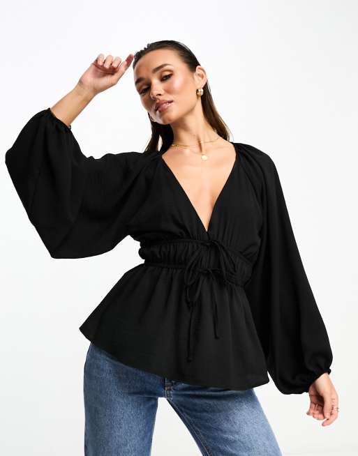 ASOS DESIGN plunge v neck shirt with split hem in black satin