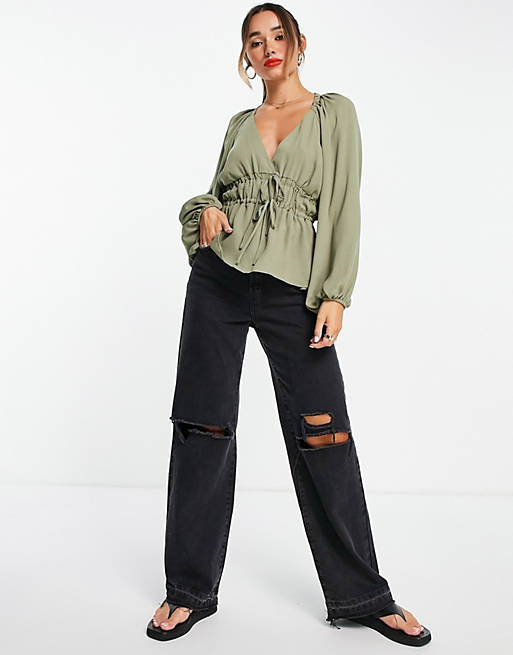  Shirts & Blouses/long sleeve v neck top with kimono sleeve and tie front in Khaki 