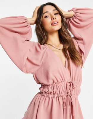 ASOS DESIGN long sleeve v neck top with kimono sleeve and tie front in soft rose