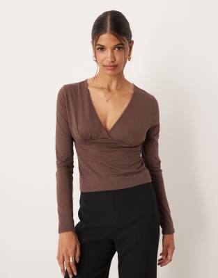 Asos Design Long Sleeve V Neck Top With Ruched Bust Detail In Brown