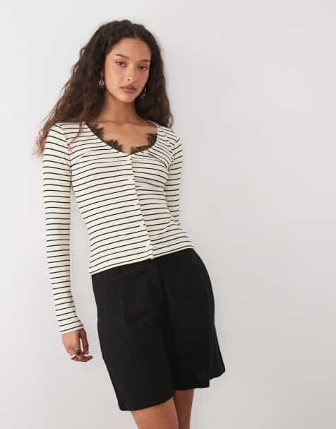 ASOS DESIGN long sleeve v neck with and lace trim top in ecru ribbed stripe - view 1