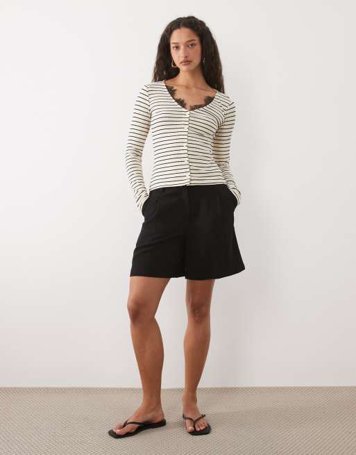 ASOS DESIGN long sleeve v neck with and lace trim top in ecru ribbed stripe, 2 of 4