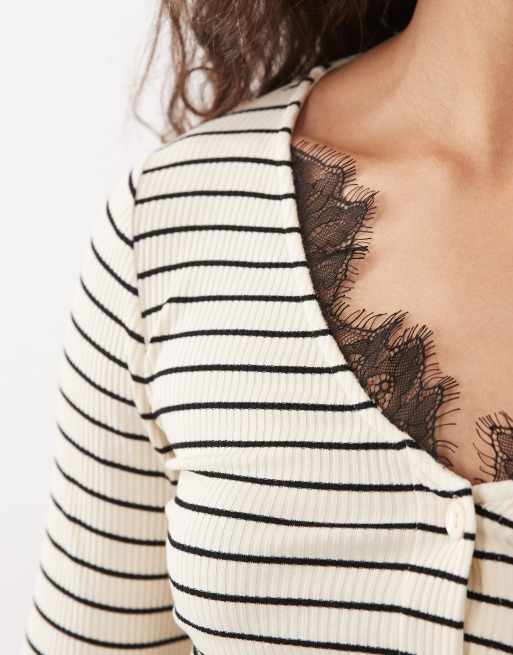 ASOS DESIGN long sleeve v neck with and lace trim top in ecru ribbed stripe, 3 of 4