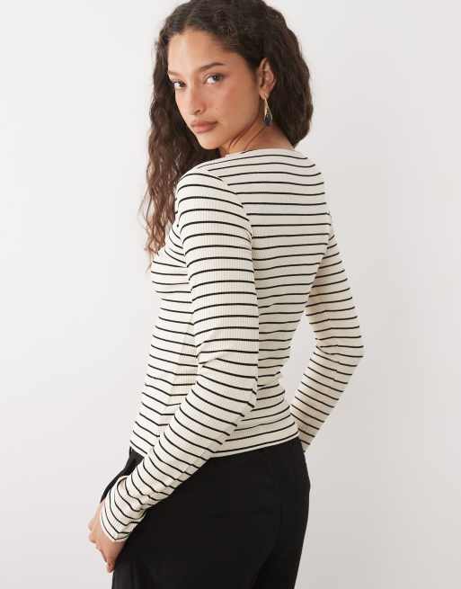ASOS DESIGN long sleeve v neck with and lace trim top in ecru ribbed stripe, 4 of 4