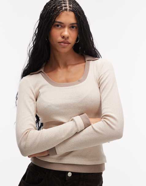 ASOS DESIGN long sleeve v neck with collar top in beige  - view 1