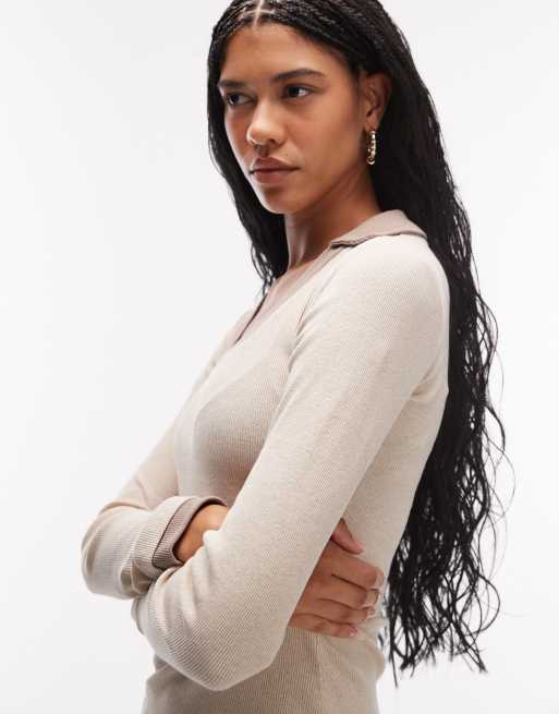 ASOS DESIGN long sleeve v neck with collar top in beige , 3 of 4