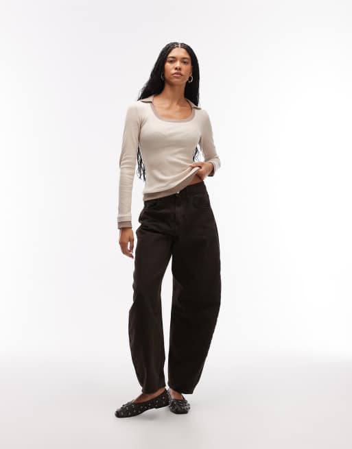 ASOS DESIGN long sleeve v neck with collar top in beige , 4 of 4