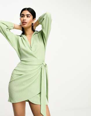 Asos Design Long Sleeve V Neck Wrap Mini Dress In Mint-green