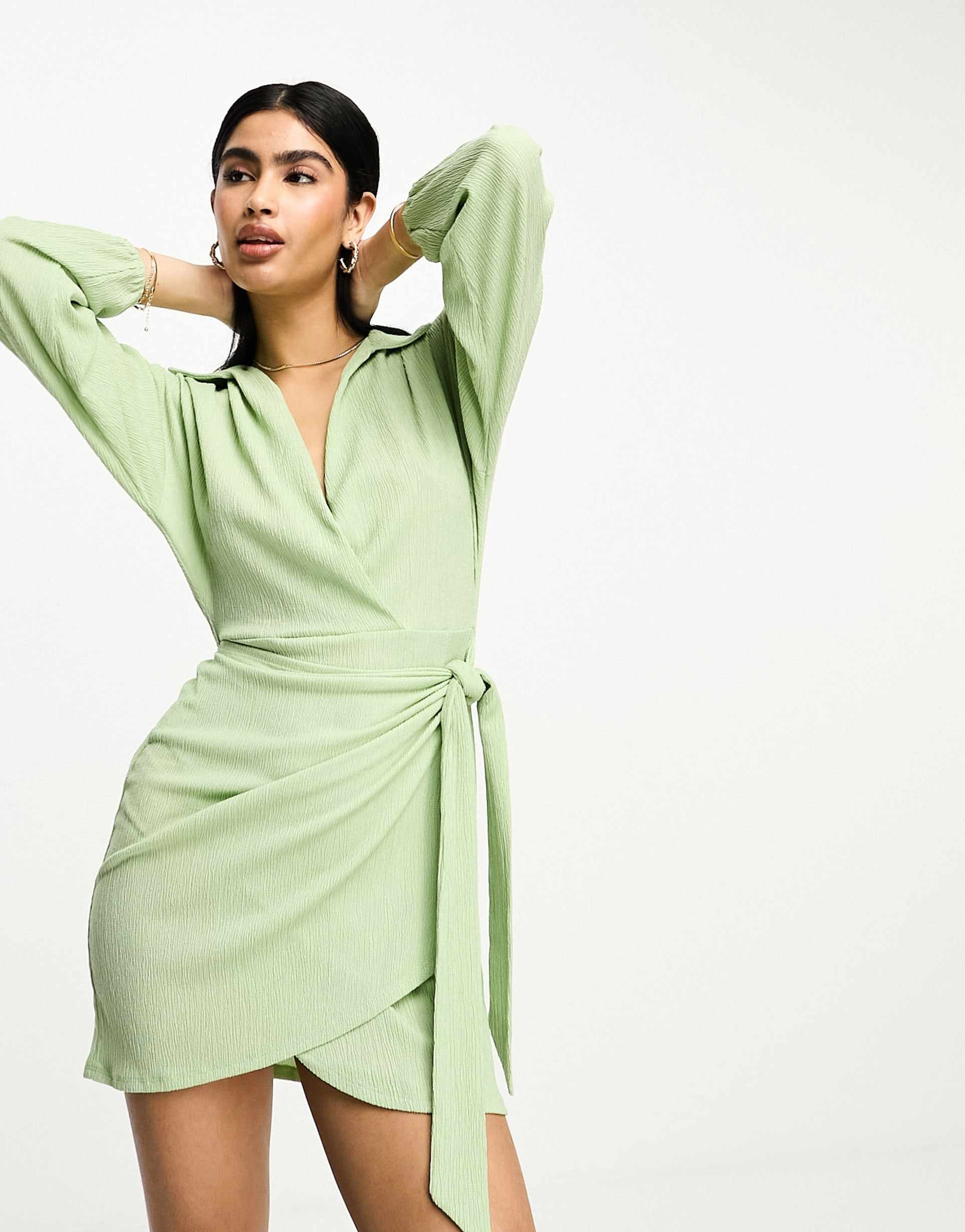 asos design long sleeve v neck wrap mini dress in mint