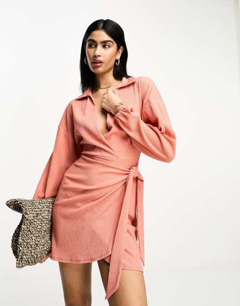 ASOS DESIGN long sleeve v neck wrap mini dress in rust - view 1