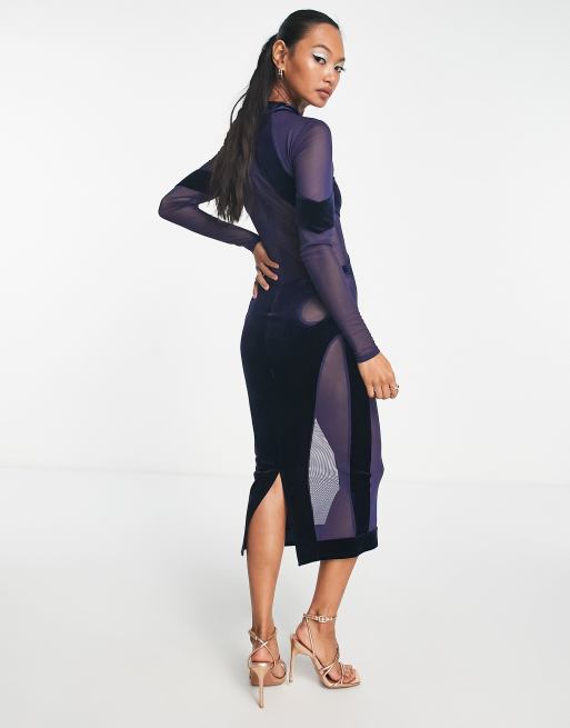 ASOS DESIGN long sleeve velvet panelled mesh midi dress in midnight navy, 2 of 4