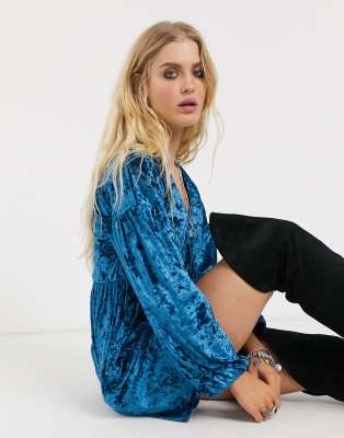 ASOS DESIGN long sleeve velvet smock dress-Blue