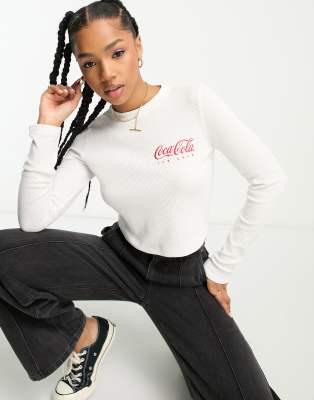 Asos Design Long Sleeve Waffle Baby Tee With Coca Cola License Graphic In Cream-white