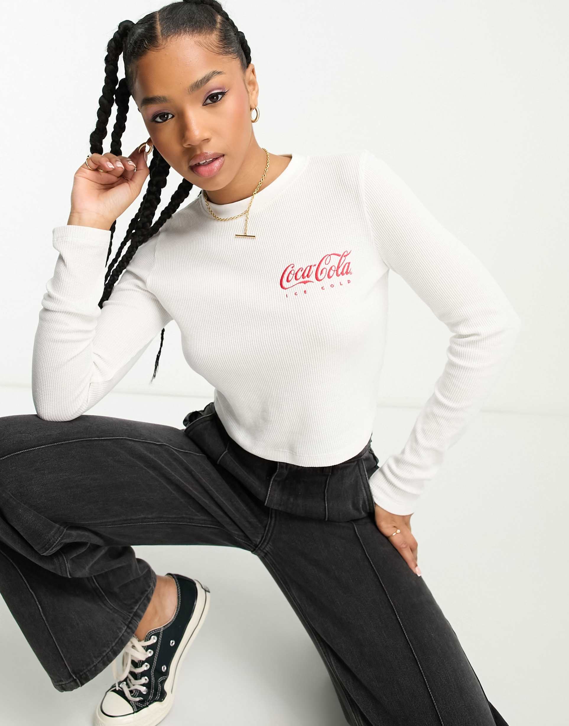 asos design long sleeve waffle baby tee with coca cola license graphic in cream