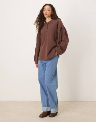 Asos Design Long Sleeve Waffle Henley T-shirt With Puff Sleeve Detail In Brown