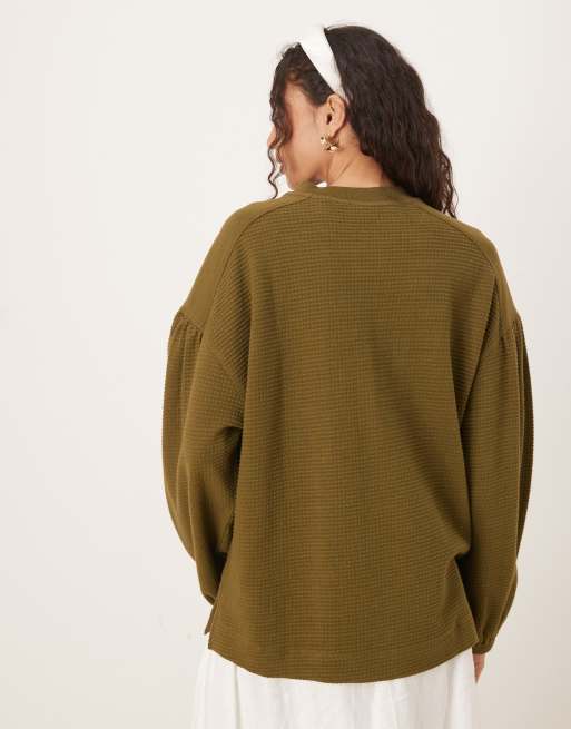 ASOS DESIGN long sleeve waffle henley top with puff sleeve detail in washed olive, 3 of 4
