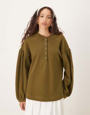 Asos Design Long Sleeve Waffle Henley Top With Puff Sleeve Detailing In Green