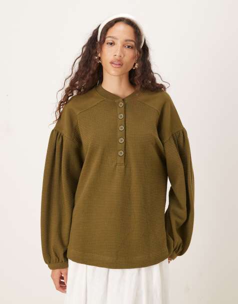 ASOS DESIGN long sleeve waffle henley top with puff sleeve detailing in washed olive - view 1