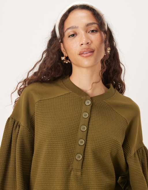 ASOS DESIGN long sleeve waffle henley top with puff sleeve detailing in washed olive, 4 of 4