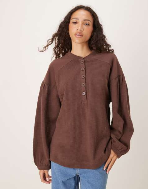 ASOS DESIGN long sleeve waffle henley with puff sleeve detail in washed choc - view 1