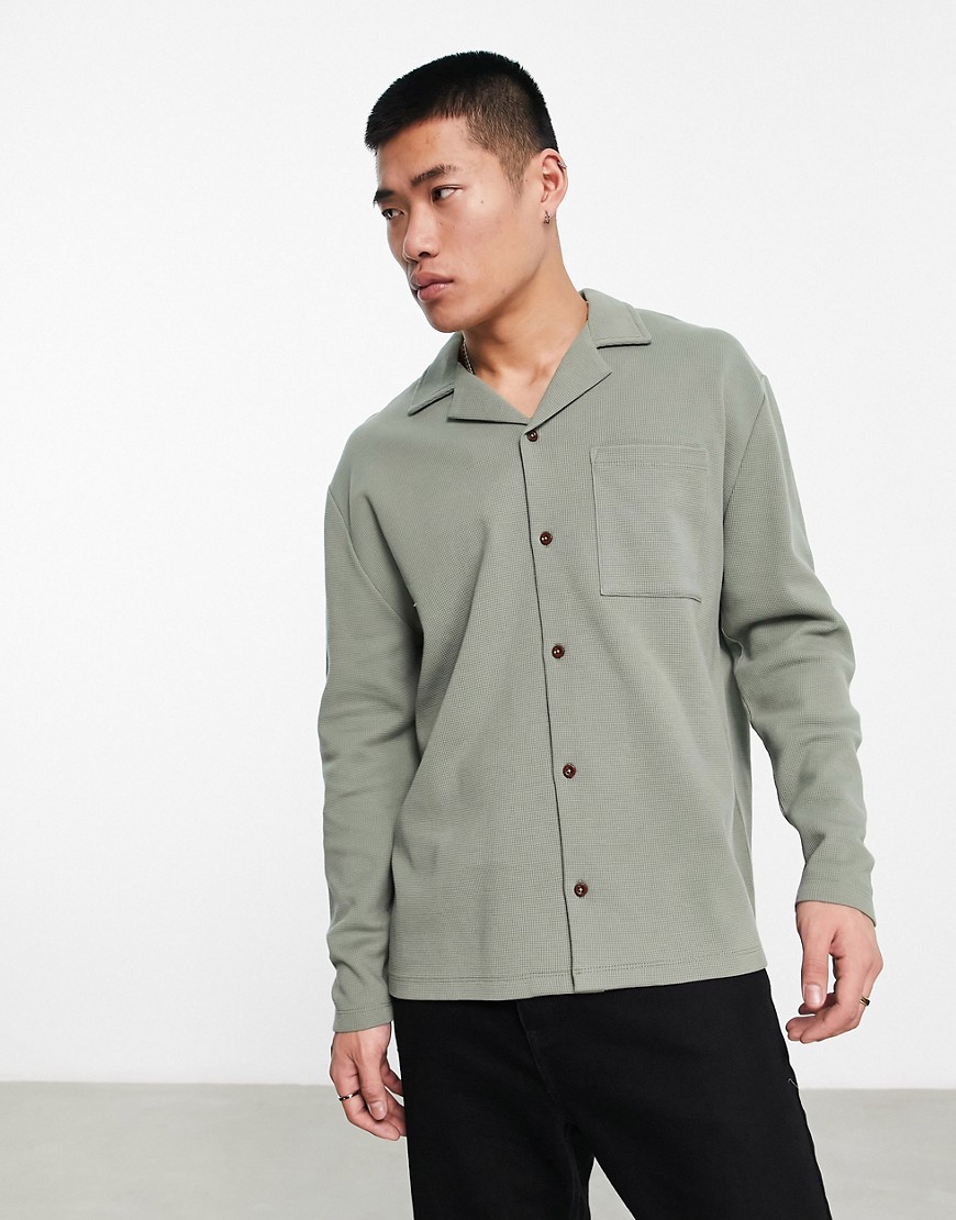 ASOS DESIGN long sleeve waffle polo shirt in washed khaki-Green