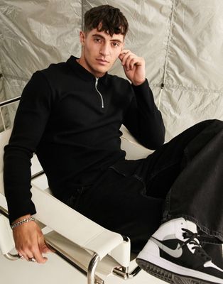 ASOS DESIGN long sleeve waffle polo with zip detail in black