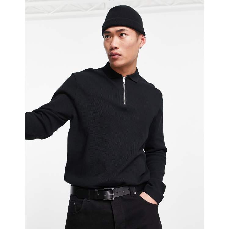 ASOS DESIGN long sleeve waffle polo with zip in black | ASOS