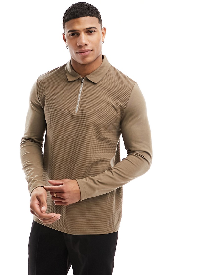 ASOS DESIGN long sleeve waffle polo with zip in brown